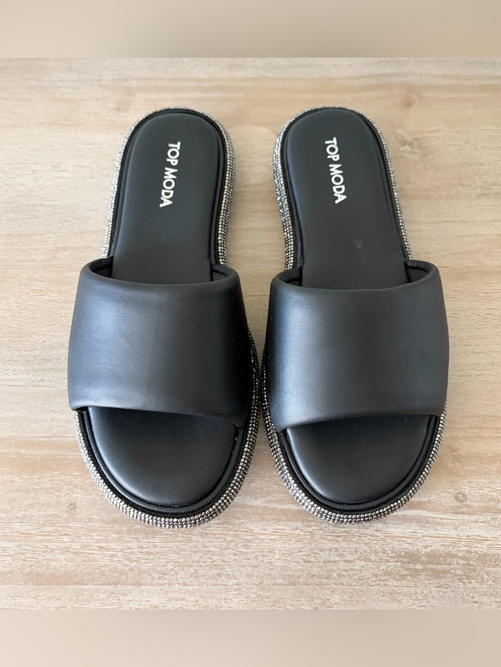 Top Moda Black Rhinestone Trim Band Slide Sandal